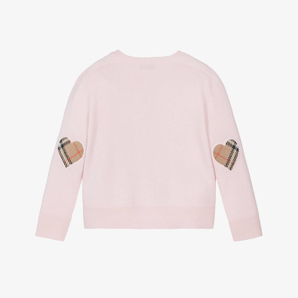 Burberry-Girls Pink Wool Cardigan with Check Buttons & Elbow Patches | Childrensalon Outlet