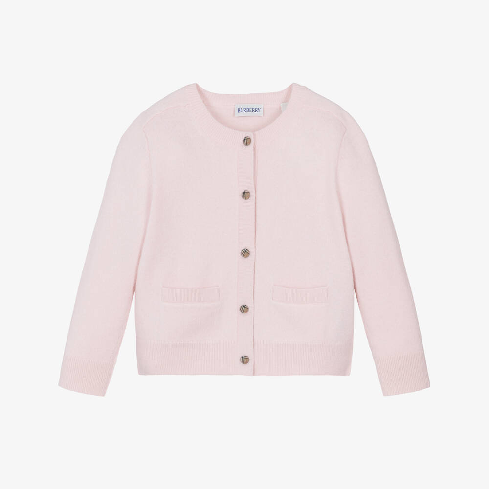 Burberry-Girls Pink Wool Cardigan with Check Buttons & Elbow Patches | Childrensalon Outlet