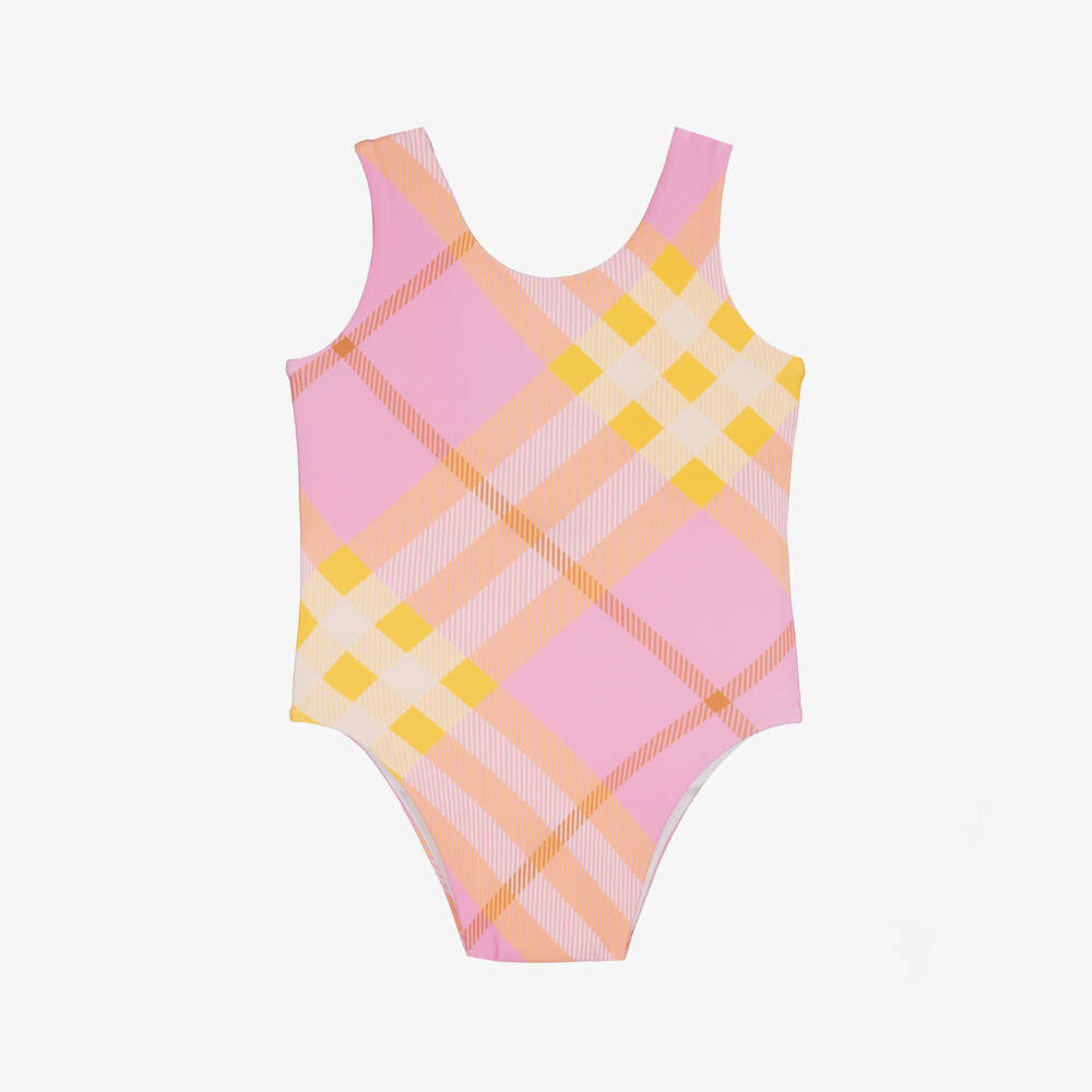 Burberry-Girls Pink & Yellow Check Swimsuit | Childrensalon Outlet