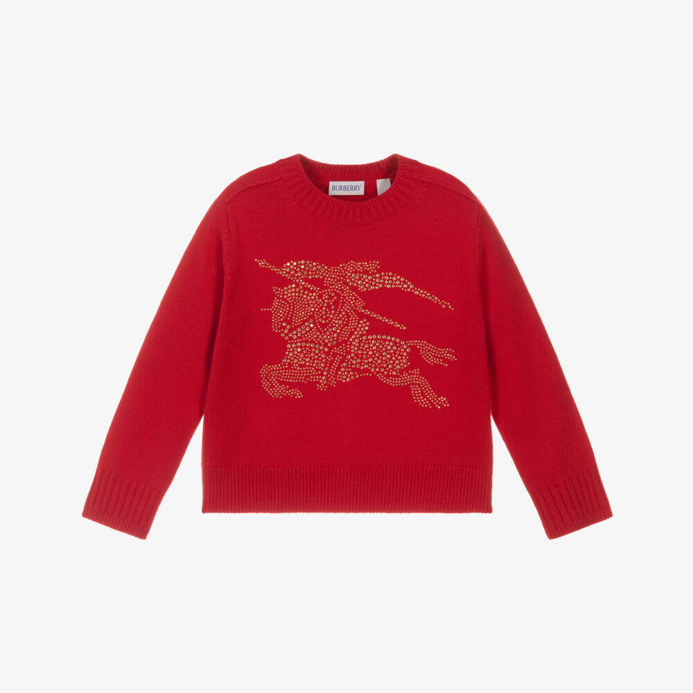Burberry-Girls Red Knitted Wool Jumper with Crystal EKD Logo | Childrensalon Outlet
