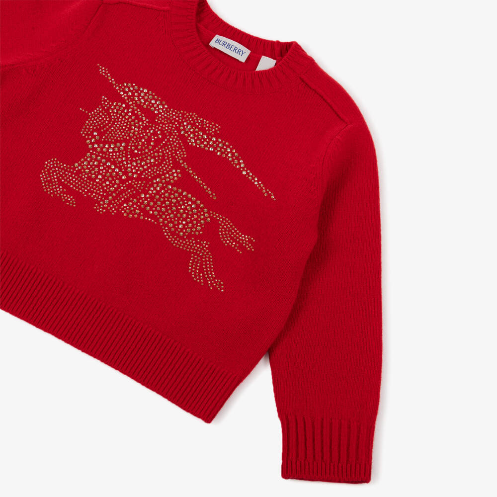 Burberry-Girls Red Knitted Wool Jumper with Crystal EKD Logo | Childrensalon Outlet