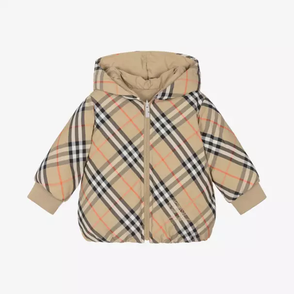 Burberry-Girls Reversible Beige Check Jacket | Childrensalon Outlet