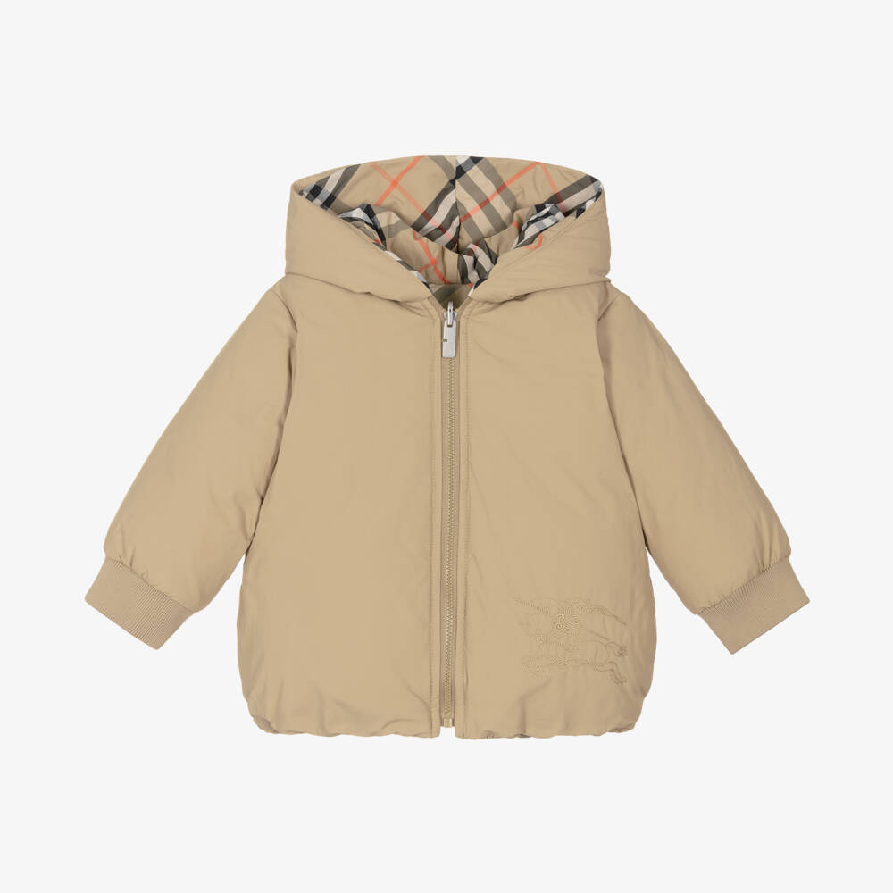 Burberry-Girls Reversible Beige Check Jacket | Childrensalon Outlet