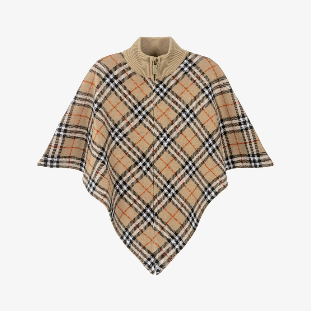 Burberry-Girls Sand Beige Checked Wool Cape | Childrensalon Outlet