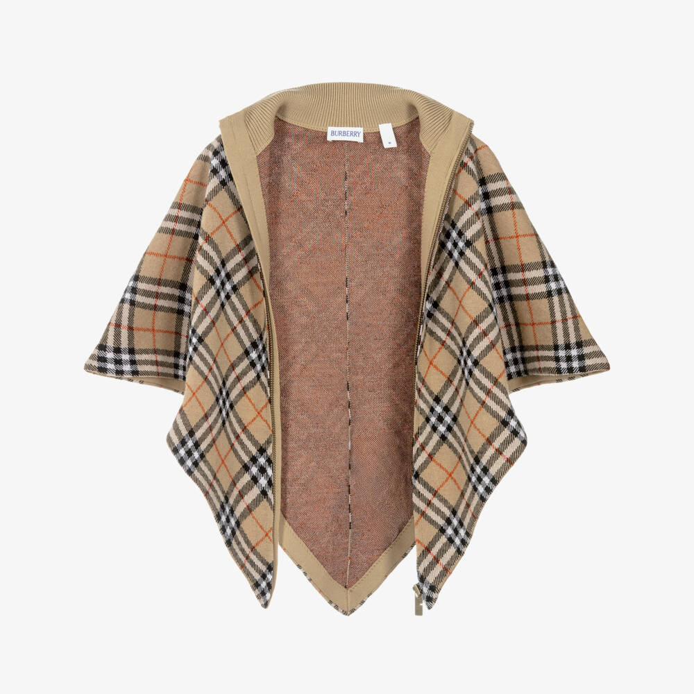 Burberry-Girls Sand Beige Checked Wool Cape | Childrensalon Outlet