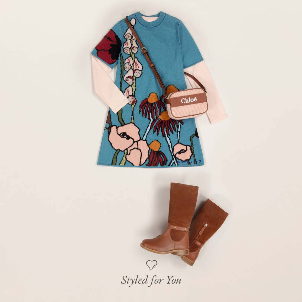 Burberry-Girls Sea Blue Floral Wool Dress | Childrensalon Outlet