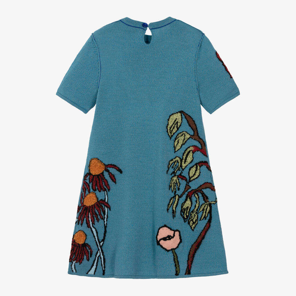Burberry-Girls Sea Blue Floral Wool Dress | Childrensalon Outlet