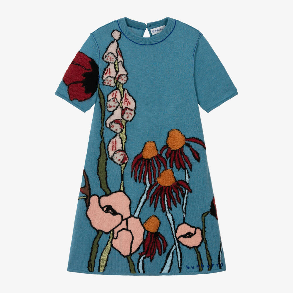 Burberry-Girls Sea Blue Floral Wool Dress | Childrensalon Outlet