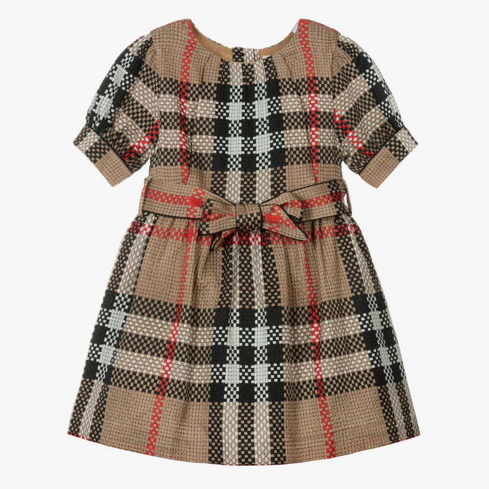 Burberry-Шелковое клетчатое бежевое платье для девочек | Childrensalon Outlet