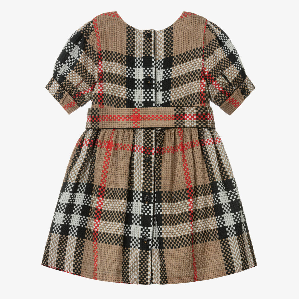 Burberry-Girls Silk Checked Beige Dress | Childrensalon Outlet