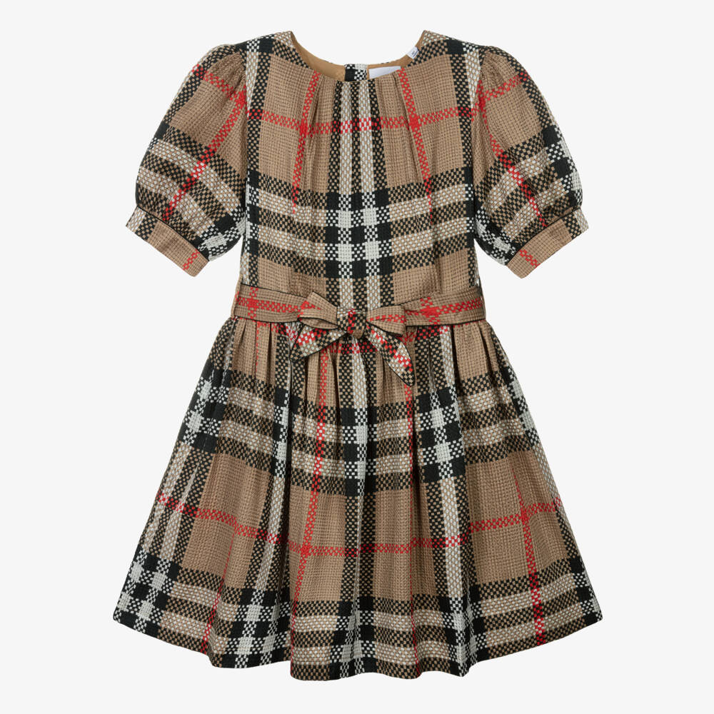 Burberry-Girls Silk Checkered Beige Frock | Childrensalon Outlet
