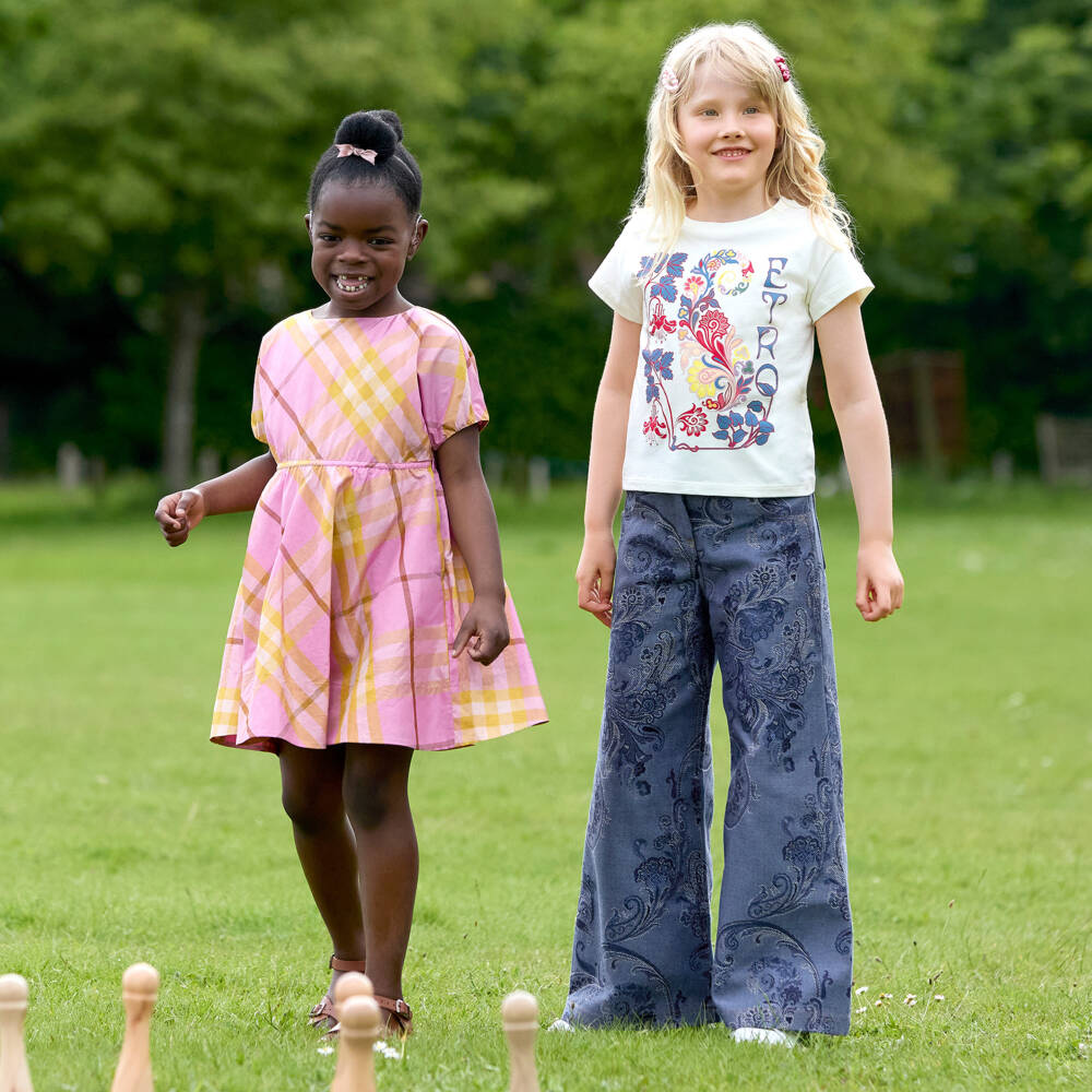 Burberry-فستان حرير كاروهات لون زهري و أصفر | Childrensalon Outlet