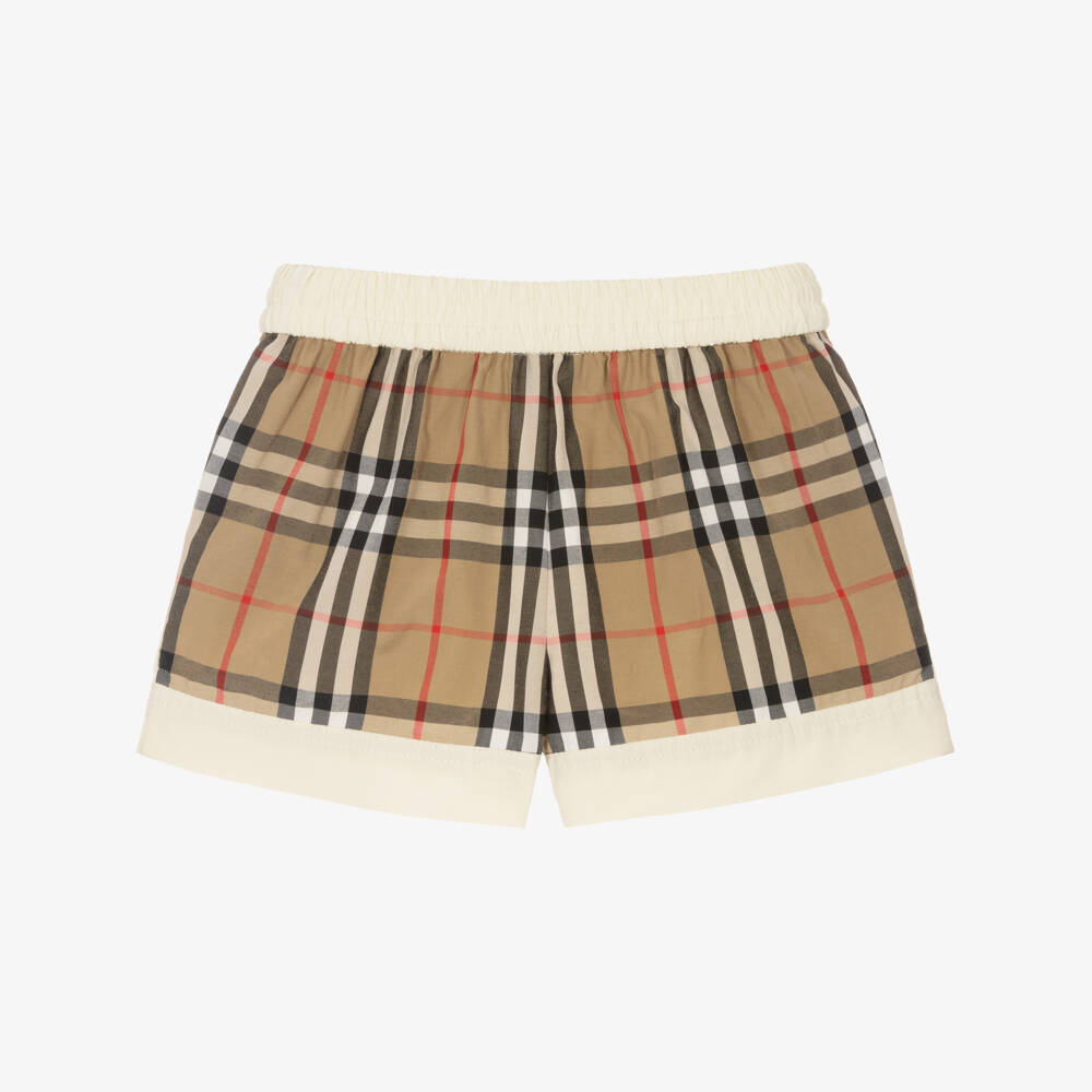 Burberry-Girls Silky Ivory & Beige Plaid Shorts | Childrensalon Outlet
