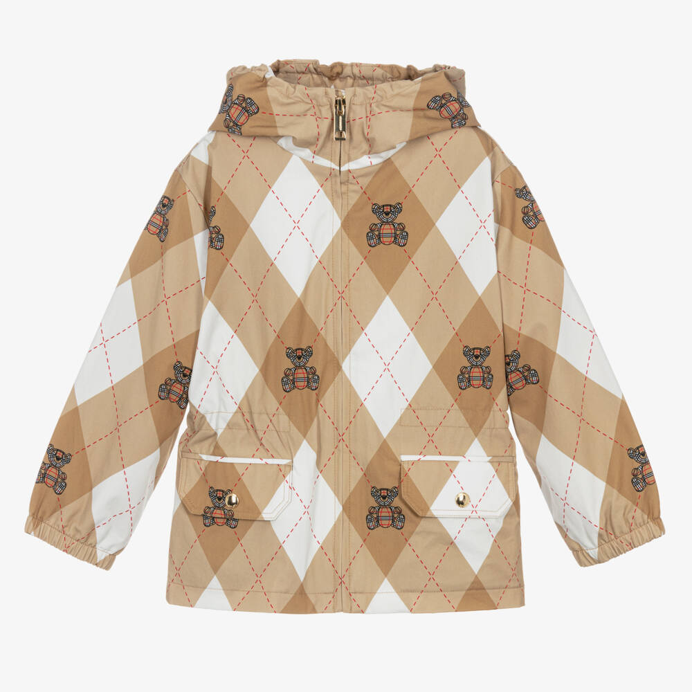 Burberry-هودي بناتي ناعم بلون البيج بنقشة الأرجايل | Childrensalon Outlet