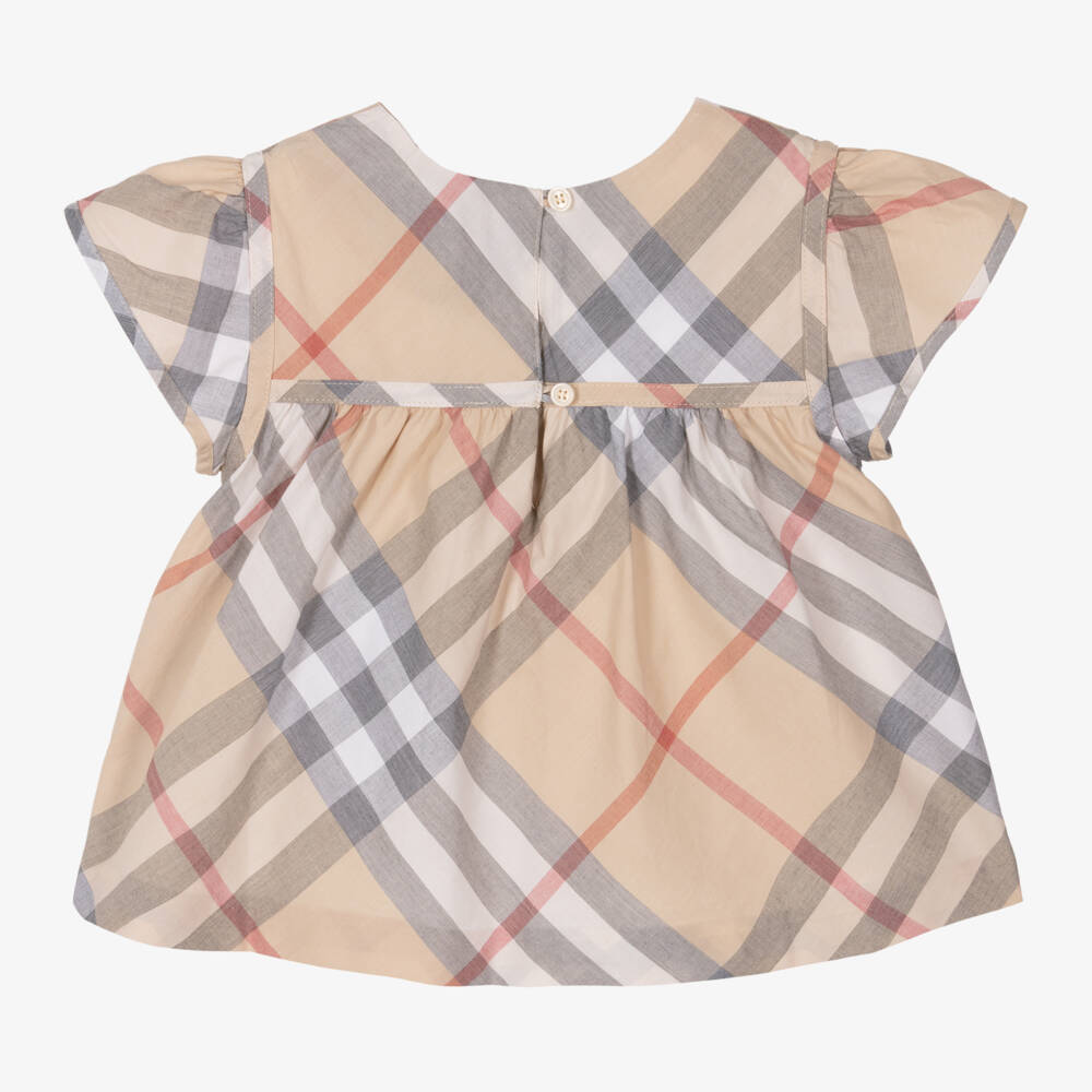 Burberry-بلوزة كاروهات قطن لون بيج للبنات | Childrensalon Outlet