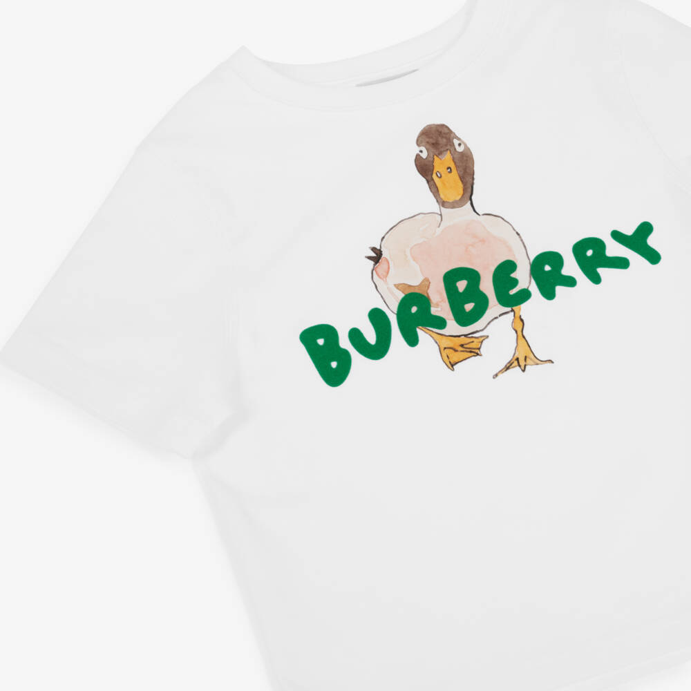 Burberry-Girls White Cotton Duck & Flocked Logo T-Shirt | Childrensalon Outlet