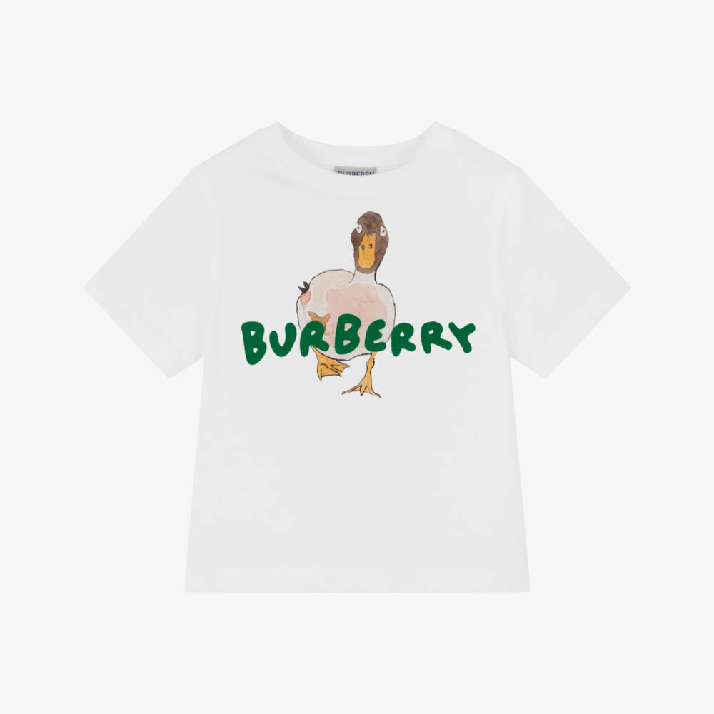 Burberry-Girls White Cotton Duck & Flocked Logo T-Shirt | Childrensalon Outlet