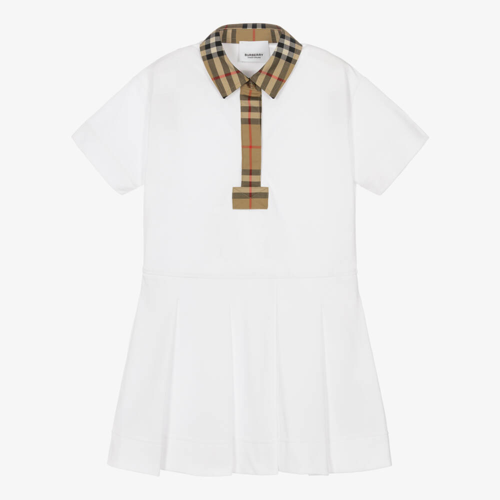 Burberry-فستان بولو قطني أبيض للبنات | Childrensalon Outlet