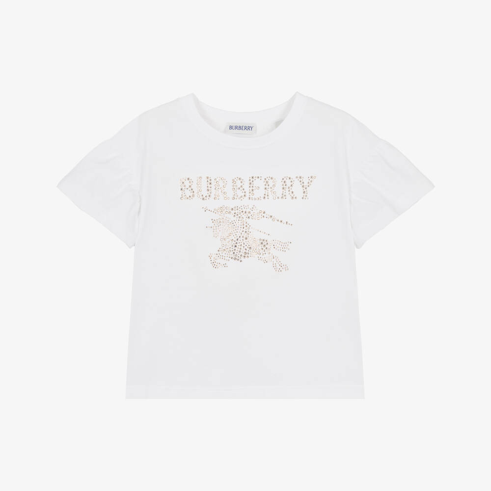 Burberry-Girls White Cotton T-Shirt with Diamanté Logo | Childrensalon Outlet
