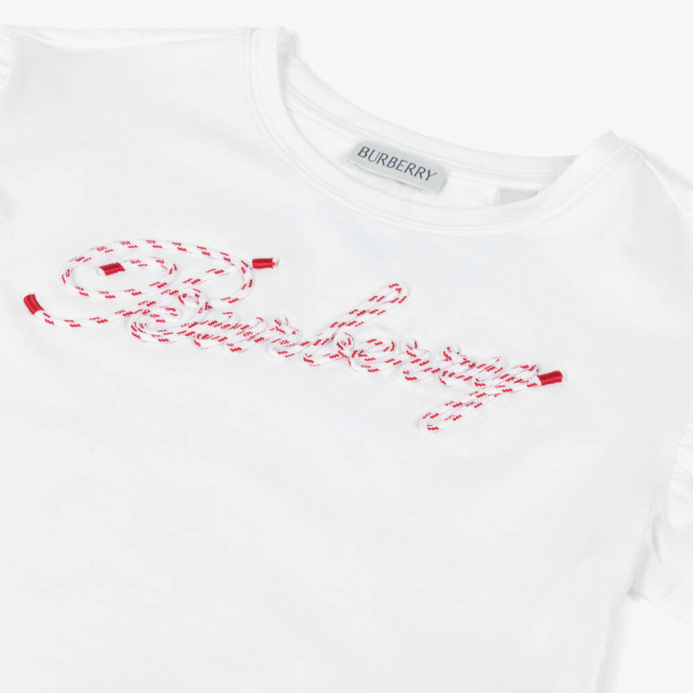 Burberry-Girls White Frill Sleeve Tee | Childrensalon Outlet