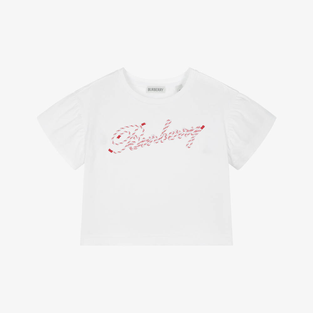 Burberry-Girls White Frill Sleeve Tee | Childrensalon Outlet