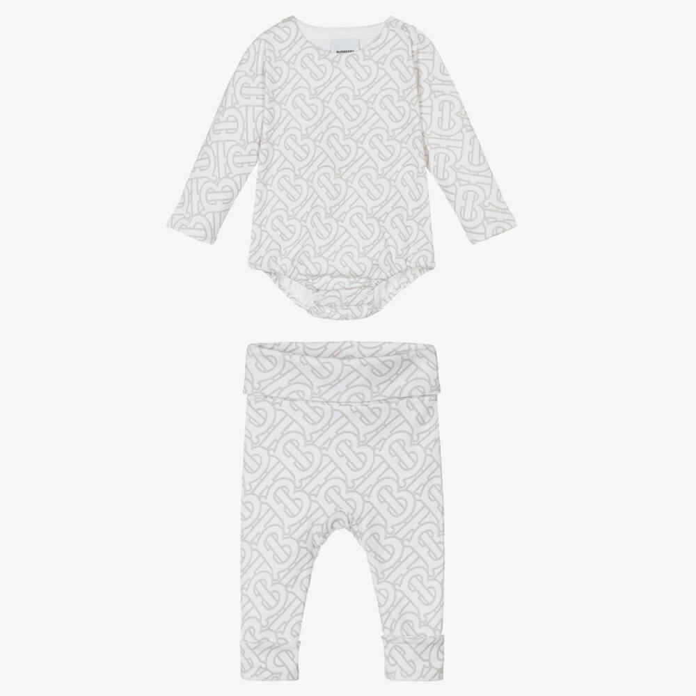 Burberry-Girls White Monogrammed Outfit Set | Childrensalon Outlet