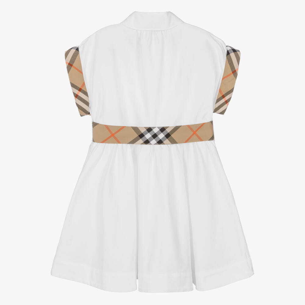 Burberry-Girls White Oxford Cotton Shirt Dress with Check Trims | Childrensalon Outlet
