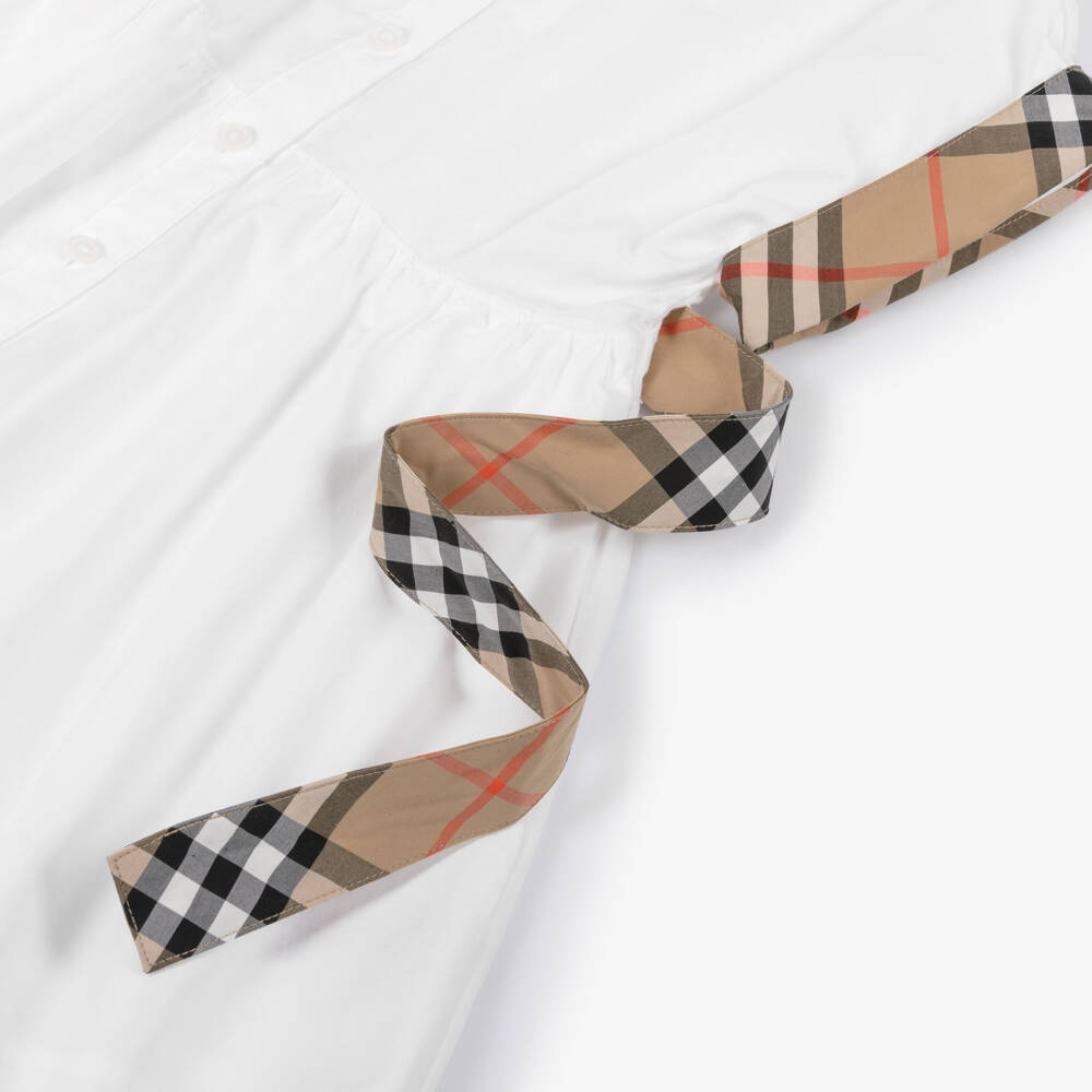 Burberry-Girls White Oxford Cotton Shirt Dress with Check Trims | Childrensalon Outlet