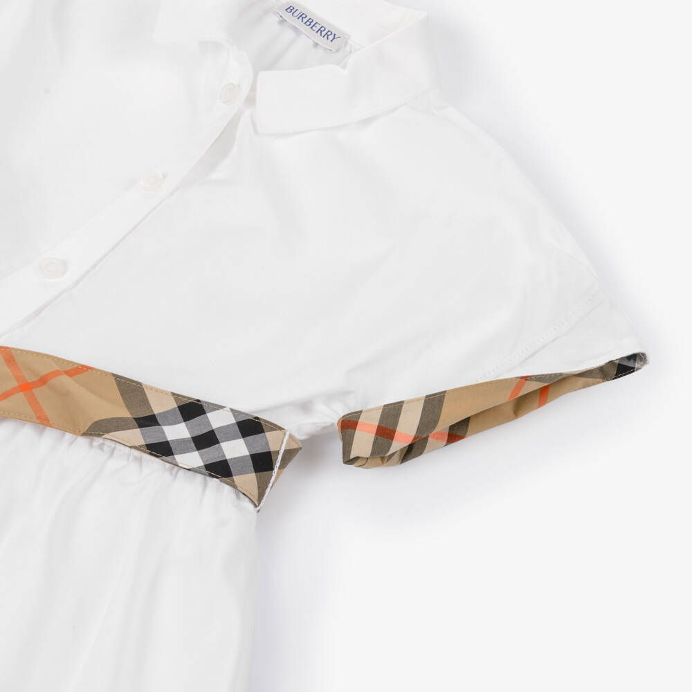 Burberry-Girls White Oxford Cotton Shirt Dress with Check Trims | Childrensalon Outlet