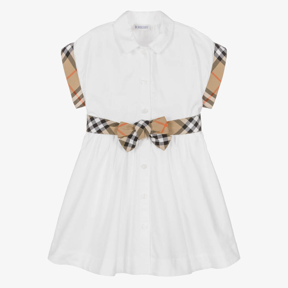 Burberry-Girls White Oxford Cotton Shirt Dress with Check Trims | Childrensalon Outlet
