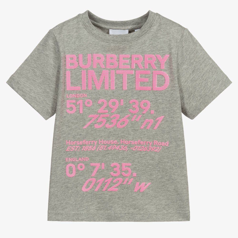 Burberry - تيشيرت قطن لون رمادي وزهري للبنات | Childrensalon