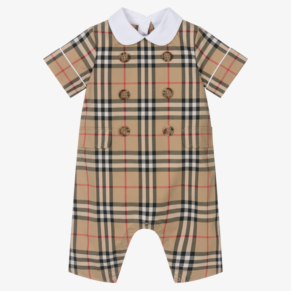 Burberry-Infant Beige Heritage Plaid Romper | Childrensalon Outlet