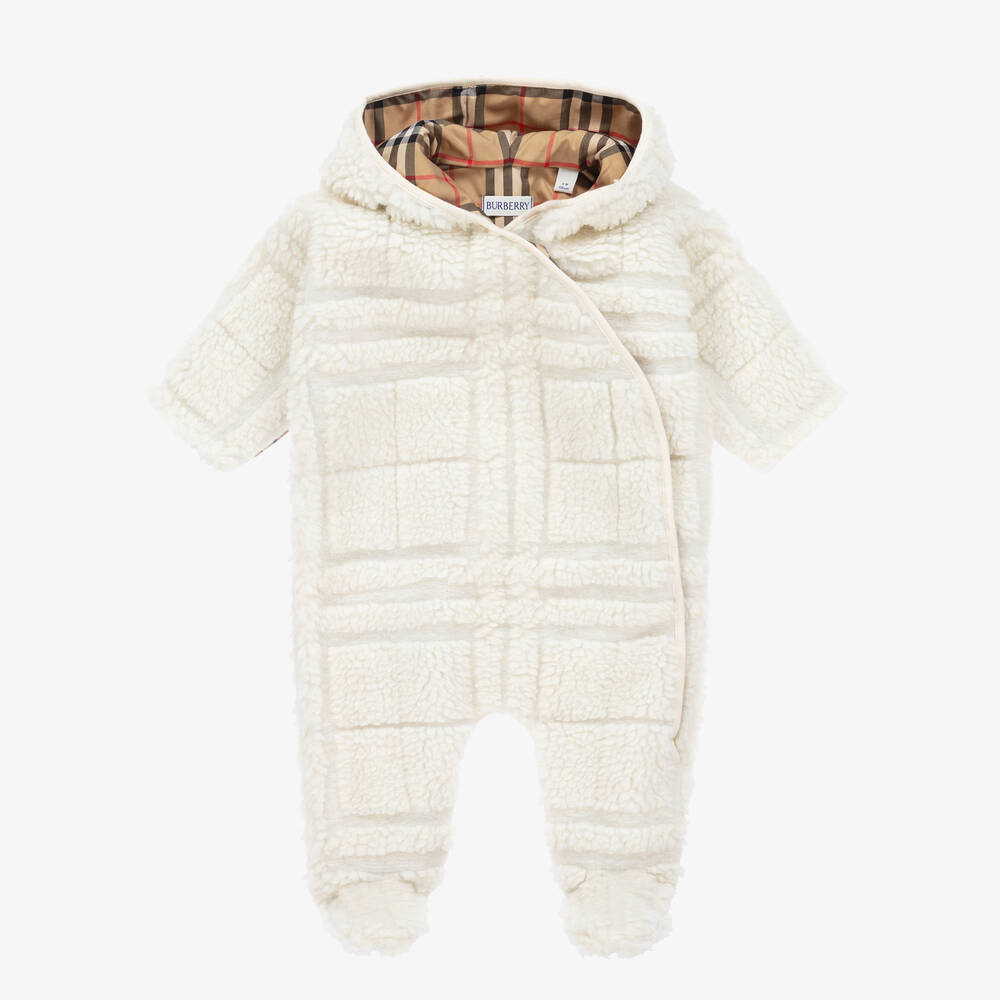 Burberry-Ivory Check Fleece Baby Pramsuit | Childrensalon Outlet