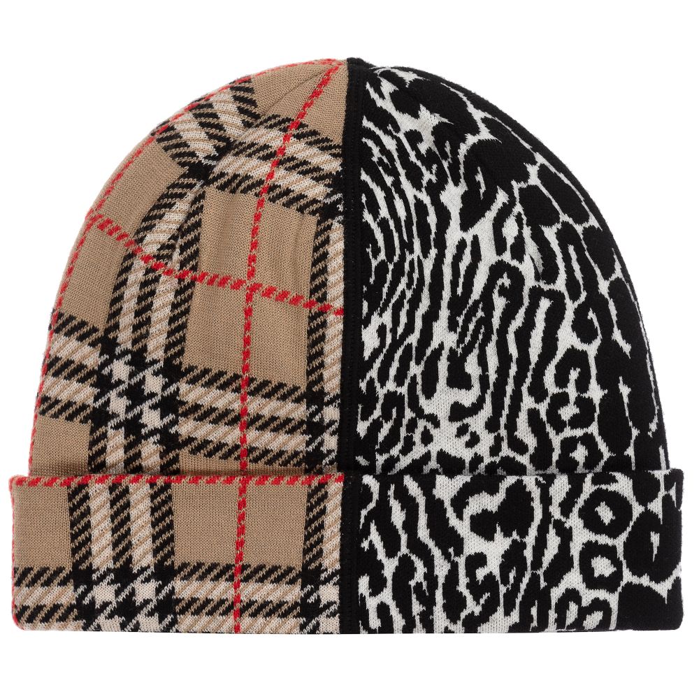 Burberry - قبعة صوف مارينو لون بيج، أسود و أبيض | Childrensalon
