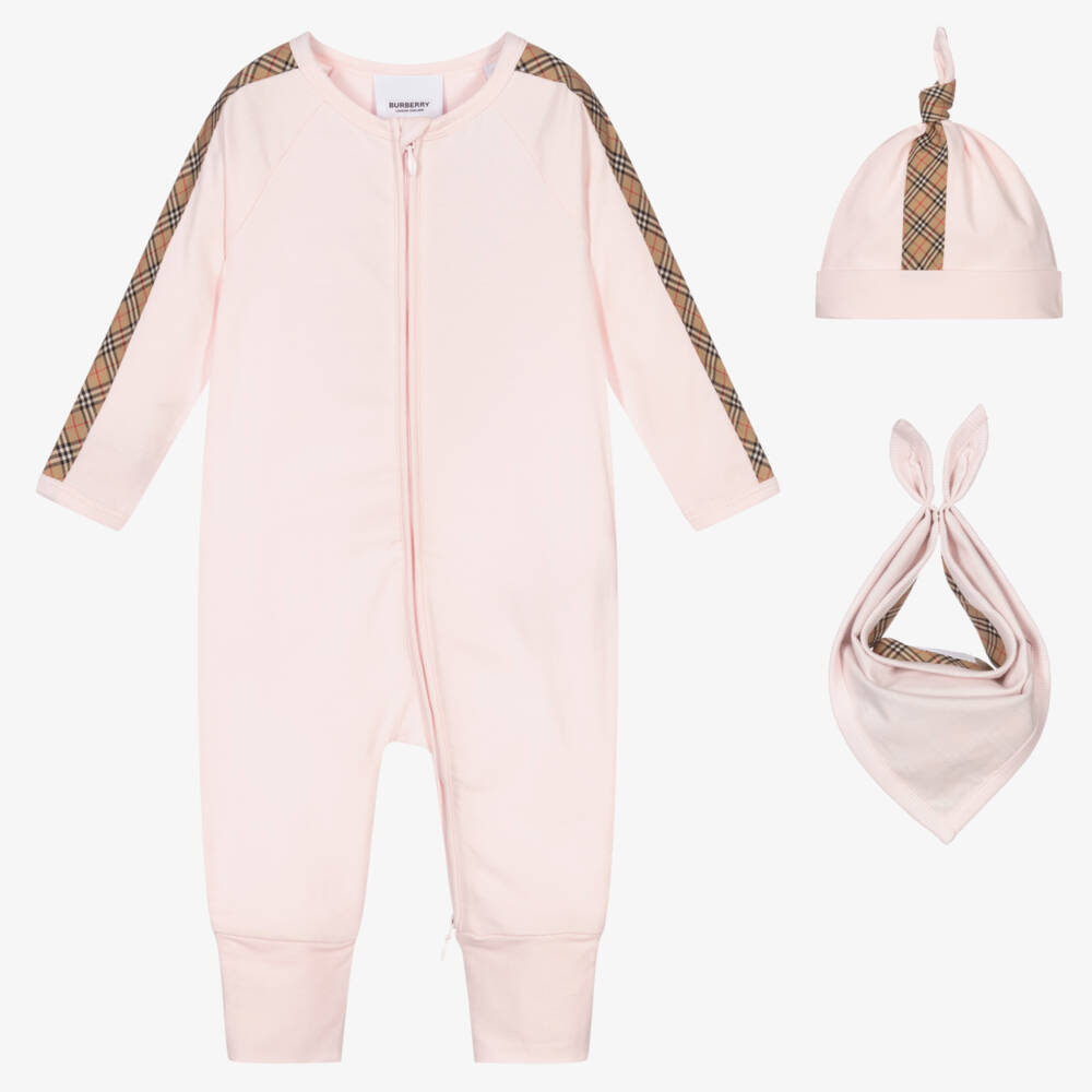 Burberry-Pink 3 Piece Romper Gift Set | Childrensalon Outlet