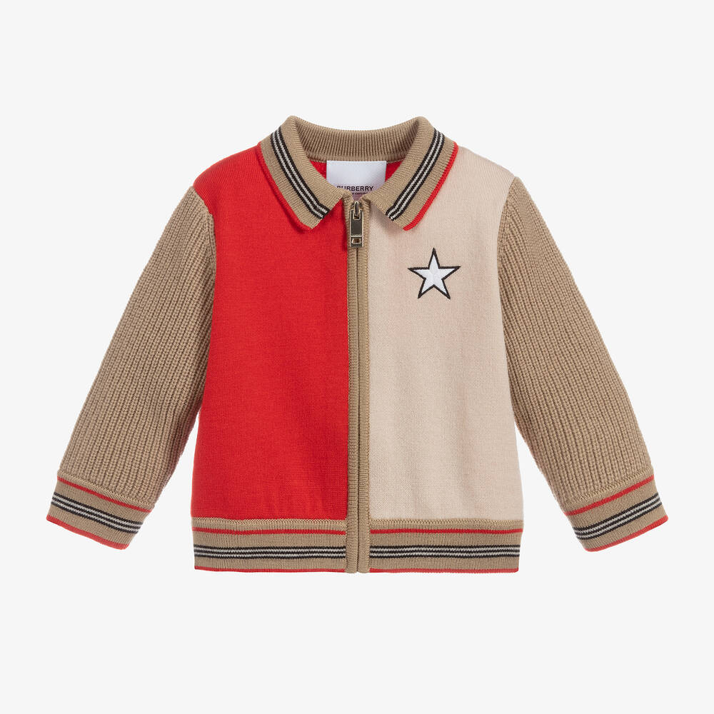 Burberry - Veste zippée rouge et beige en laine | Childrensalon