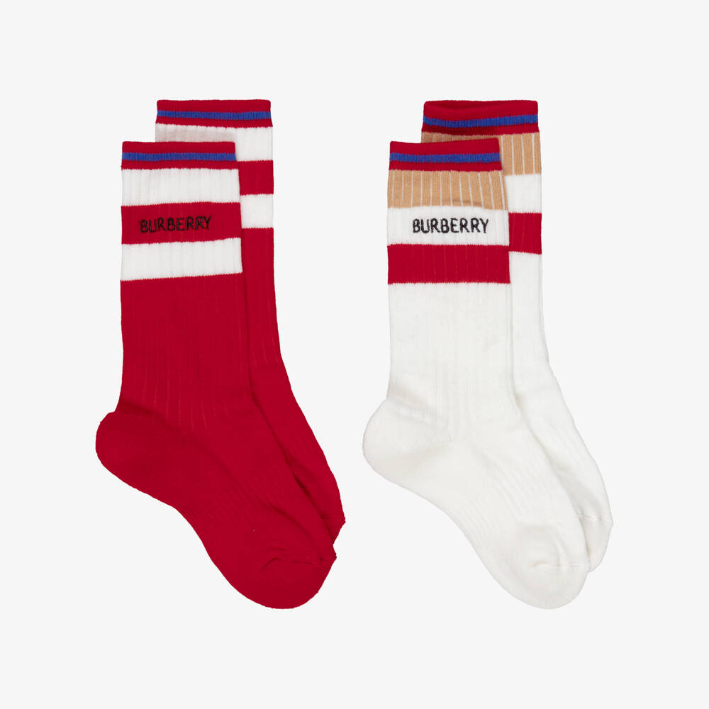 Burberry-Red & White Striped Knitted Ankle Socks (2 Pack) | Childrensalon Outlet