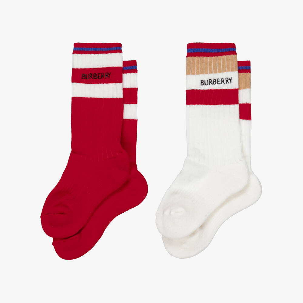 Burberry-Red & White Striped Knitted Ankle Socks (2 Pack) | Childrensalon Outlet