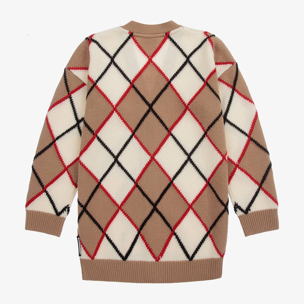 بربري-كارديغان مزيج قطن وكشمير لون بيج، عاجي وأحمر | Childrensalon Outlet