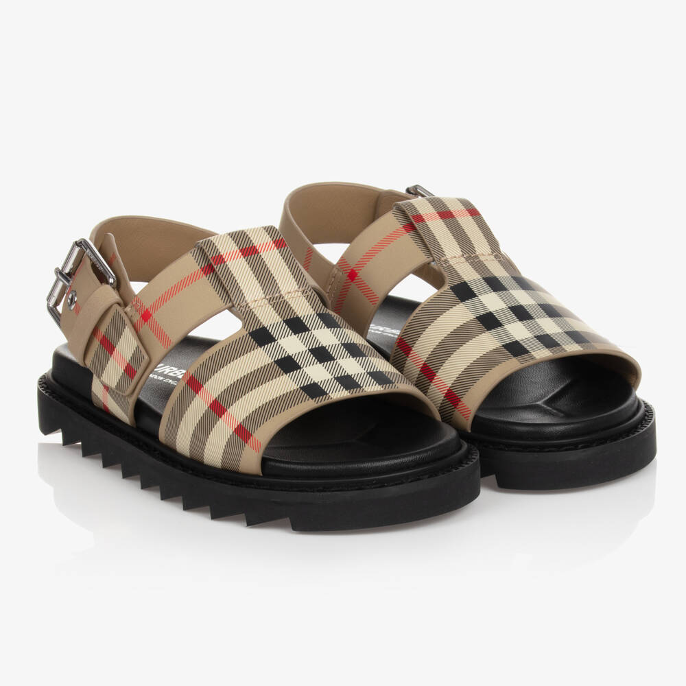 Burberry-Teen Beige Check Leather Sandals | Childrensalon Outlet