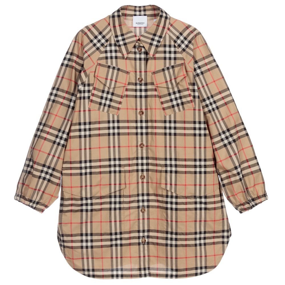 Burberry - فستان ستايل قميص تينز قطن كاروهات لون بيج | Childrensalon