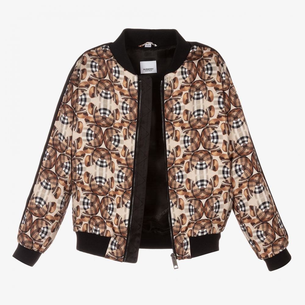 Burberry-جاكيت بومبر تينز فيسكوز وساتان لون بيج وأسود | Childrensalon Outlet