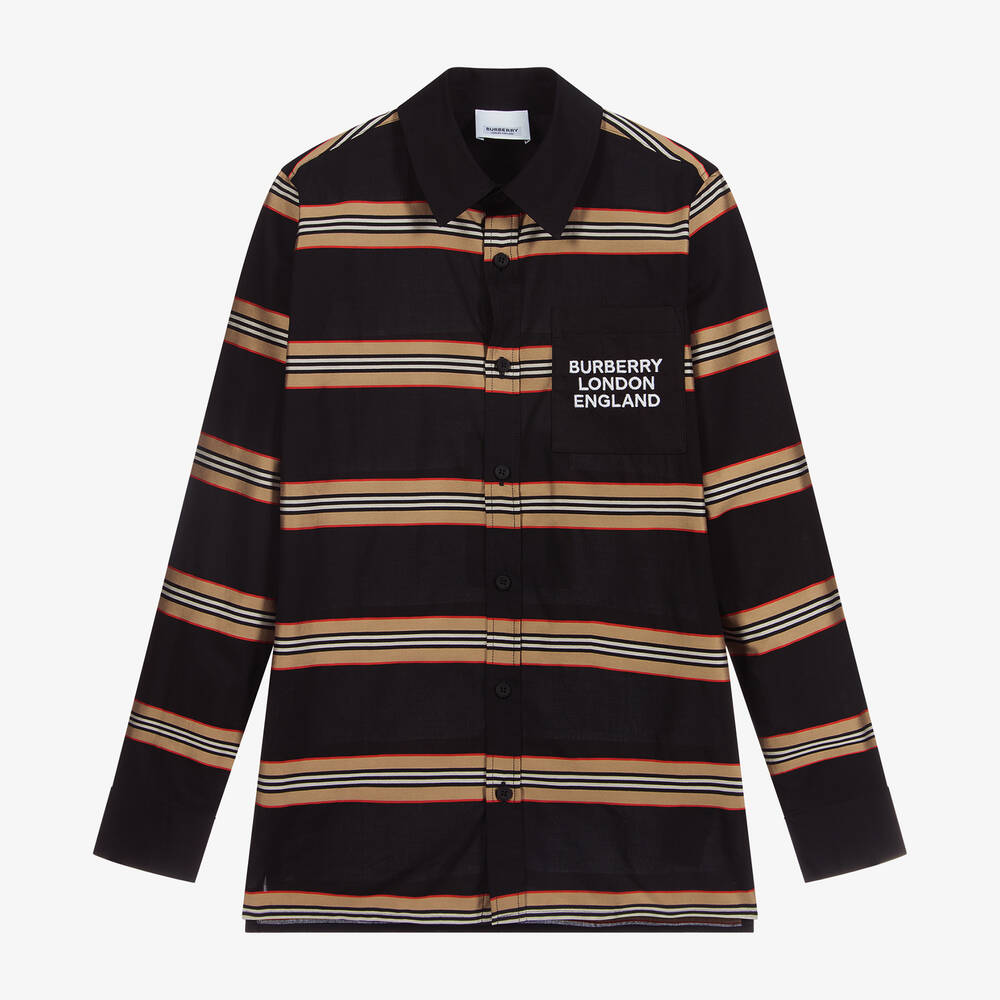 Burberry - قميص قطن بوبلين مقلم لون أسود | Childrensalon
