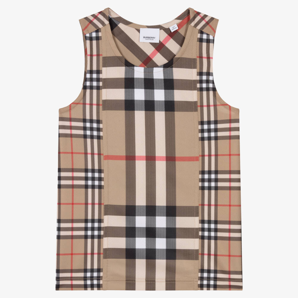 Burberry-Teen Boys Beige Checked Sleeveless Top | Childrensalon Outlet
