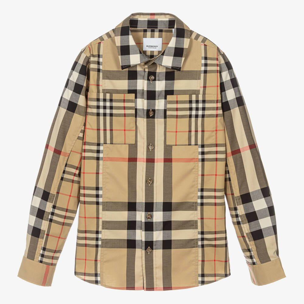 Burberry-Бежевая рубашка Mix Check для мальчиков-подростков | Childrensalon Outlet