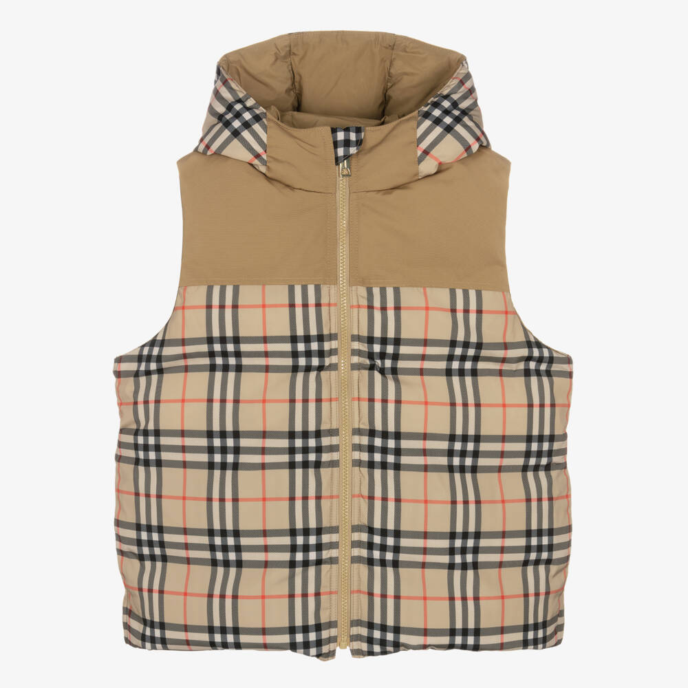 Burberry-Подростковый бежевый клетчатый двусторонний жилет для мальчиков | Childrensalon Outlet