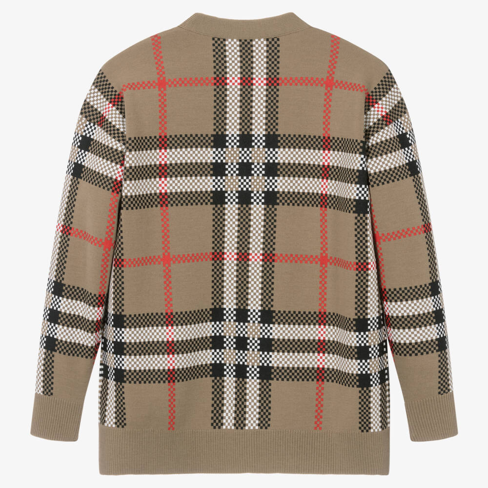 Burberry-Teen Boys Camel Plaid Knit Cardigan | Childrensalon Outlet