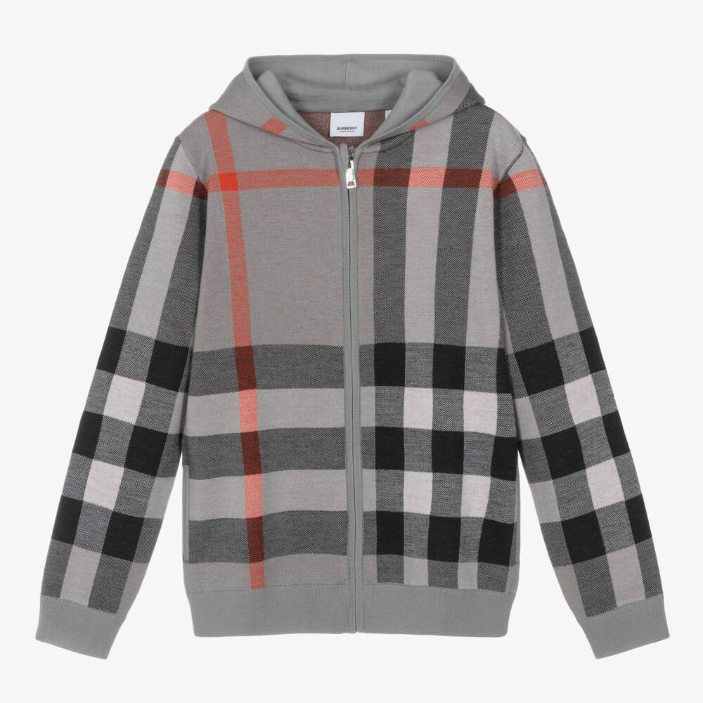 Burberry-Подростковая серая шерстяная клетчатая толстовка для мальчиков | Childrensalon Outlet