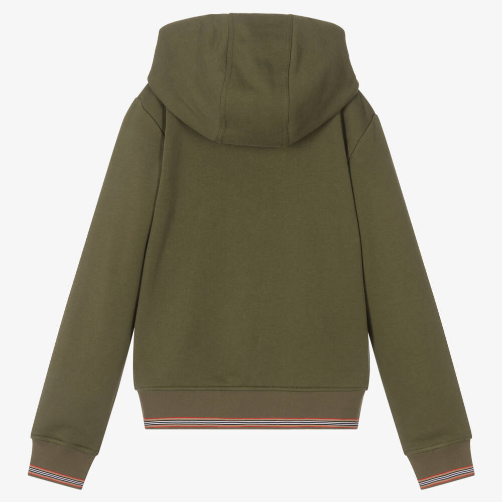 Burberry-توب هودي بسحاب تينز ولادي قطن لون أخضر كاكي | Childrensalon Outlet