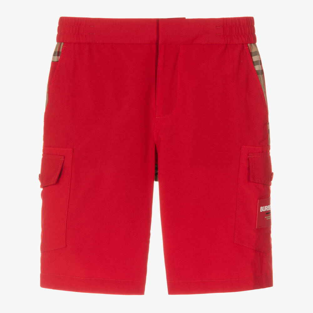 Burberry-Teen Boys Red & Beige Check Cargo Shorts | Childrensalon Outlet